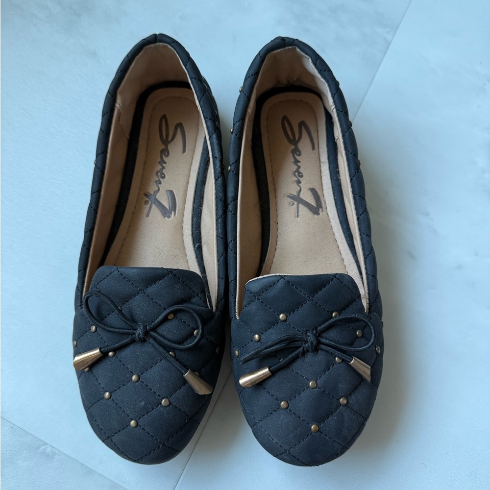 Seven7 Women's Black Quilted Flats with Gold Accents